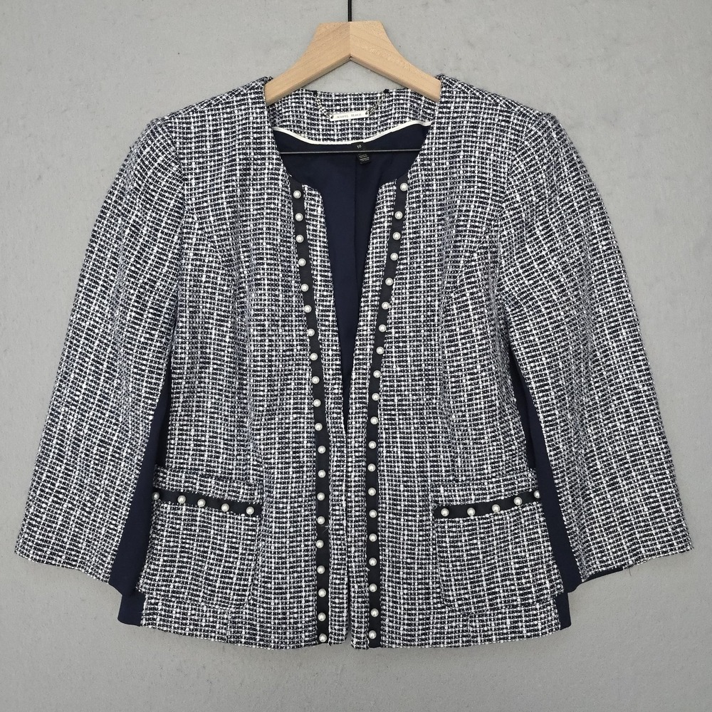 White‎ House Black Market Blazer Womens 10 Blue Tweed Open Front Pearl Trim